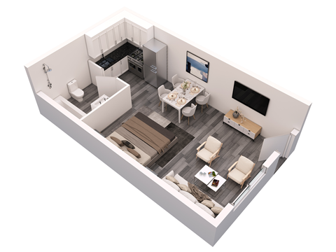 an overhead view of the living room and dining room of this two bedroom apartment